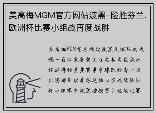 美高梅MGM官方网站波黑-险胜芬兰，欧洲杯比赛小组战再度战胜